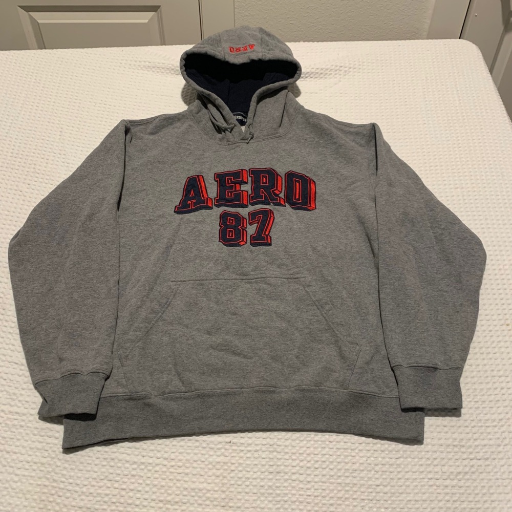 Aeropostale Mens XL Gray Aero 87 Applique Pullover Hoodie Sweatshirt